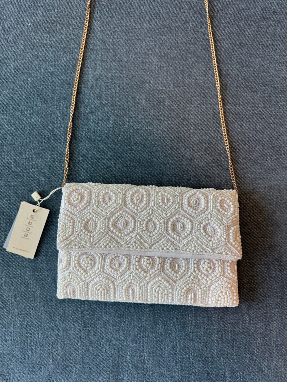 White Beaded Chain-Strap Clutch
